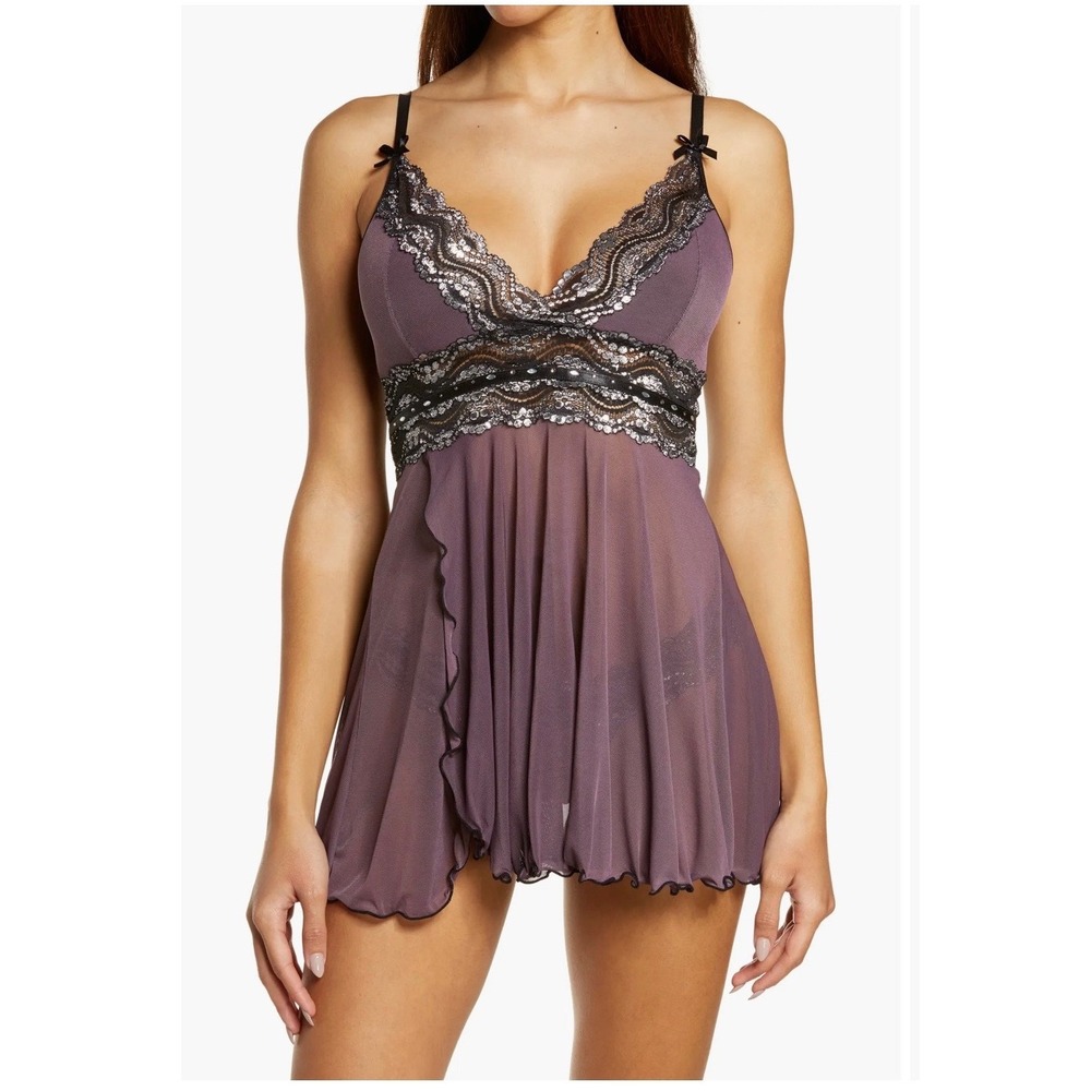 Coquette Purple Mesh Lace Babydoll Chemise Silver Metallic Sequin XL Lingerie